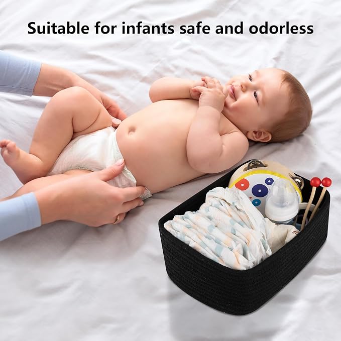 OIASKET 4 Pack Small Storage Shelf Baskets for Organizing, Mini Woven Rope Storage Bins for Towels, Cute Decorative Closet Organizer，Baby Nursery, Gift Empty Baskets -11.81''Lx7.87''Wx4.72''H-Black