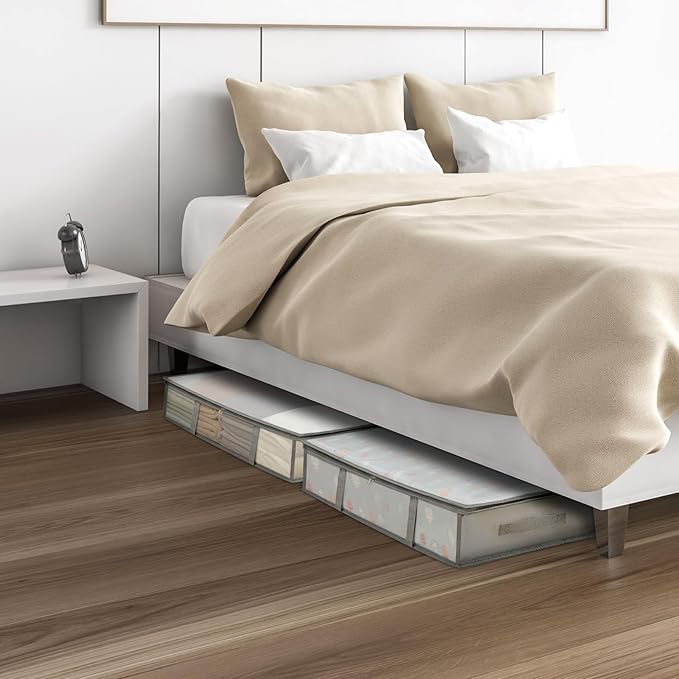 4 Packs Under Bed Storage Containers Bins, Humid-Proof Plastic Underbed Storage Bins, Closet Organizers and Clothes Storage Bags, Under the Bed Blanket Storage with Handles for Clothes,Bedroom