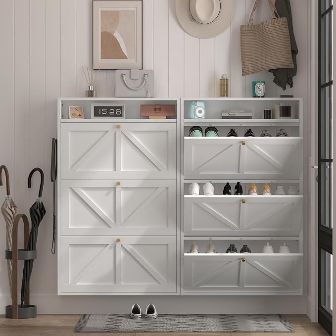Front Door Shoe Storage, Hanging Shoe Rack with Drawers, 3-Tier Flip-Down Shoe Storage Cabinet for Entryway, Hallway, Narrow Behind the Door Shoe Cabinet, Space-Saving, White