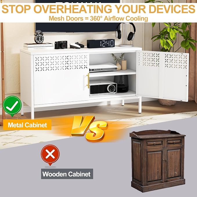 Metal Storage Cabinet, 2-Door Short Locker Cabinets with Adjustable Shelf, Magnetic Lock, Ventilated Doors, Steel Accent Sideboard Cabinet for Office Home, White