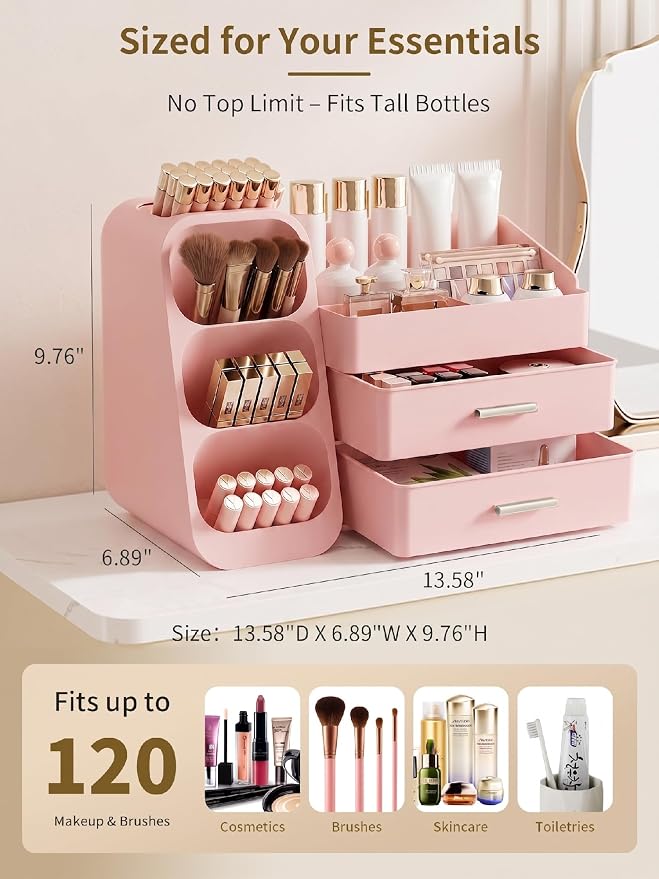 Booklov Large Makeup Organizer for Vanity Countertop, Pink | Plastic Cosmetic Display Case with Drawers, Beauty Brush Holder for Bathroom Counter, Skin Care Perfumes Storage
