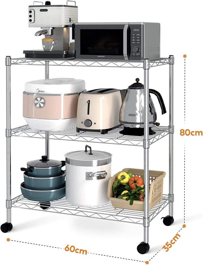 Simple Deluxe Heavy Duty 3-Shelf Shelving with Wheels, Adjustable Storage Units, Steel Organizer Wire Rack, 24.02”L x 13.78“W x 31.89”H, Chrome, HKSHLF23133003CPC