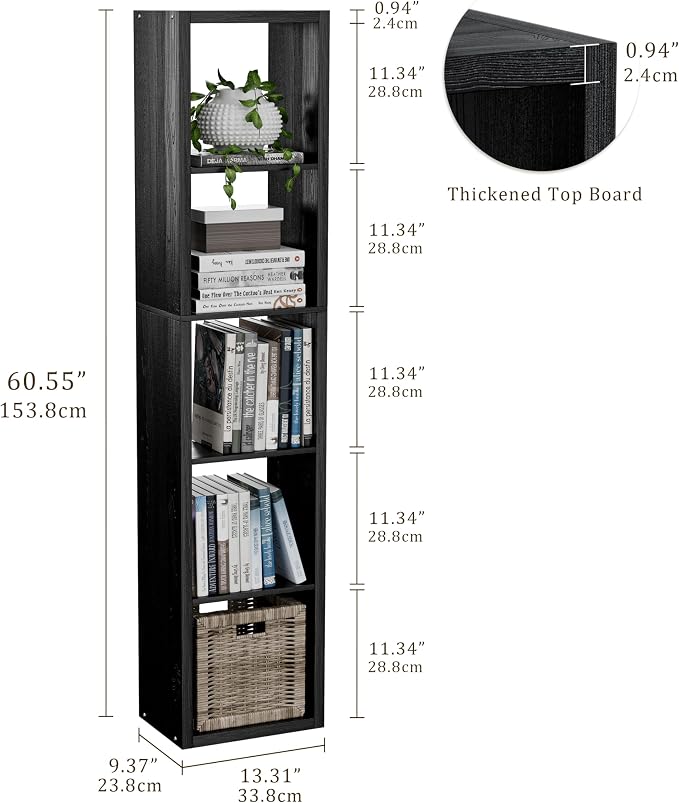 VDNEND Tall Cube Storage Organizer Bookcase, 5 Tier 11 inch Open Back Cubical Shelf with Thickened Border, Display Bookshelf for Living Room, Home Office, Sturdy Room (Black, 5 Cube,Vertical)