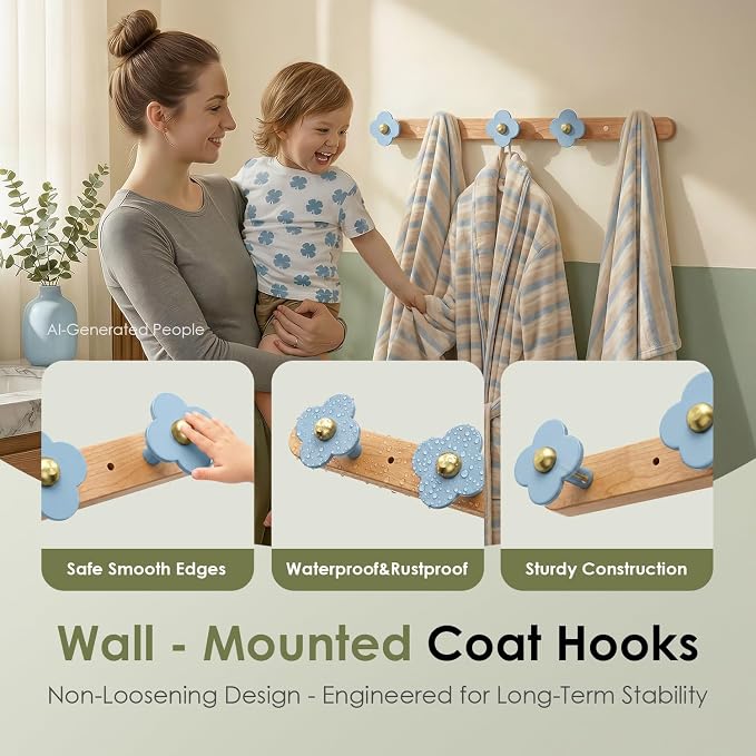 Tindbea Upgreded Heavy Duty Coat Rack Wall Mount for Entryway, Kids' Room | Cheery Wood, Blue, 5 Hooks