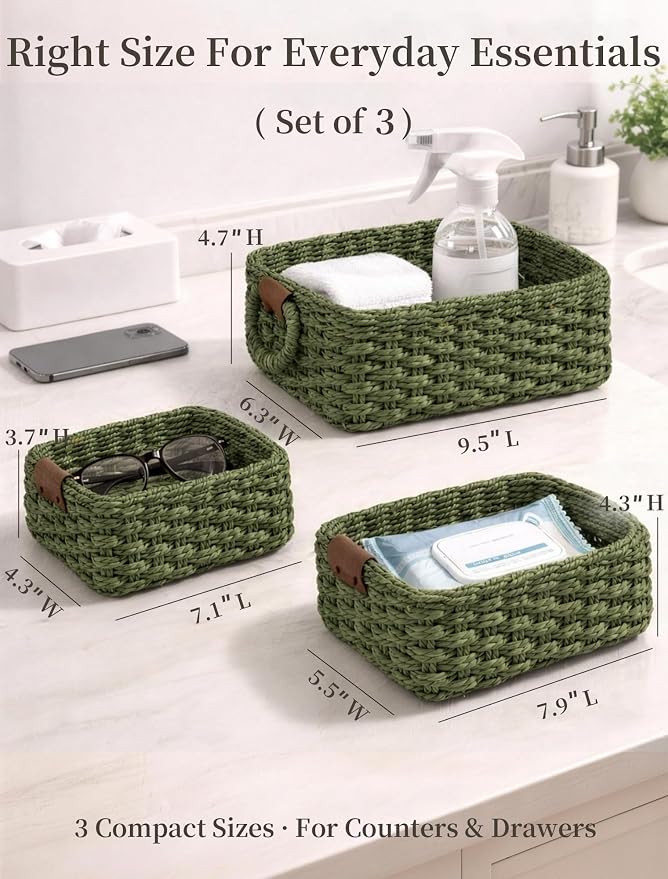 Small Wicker Baskets, 3 PCS Paper Rope Baskets for Shelves, Green | Recycled Small Baskets, 3 Sizes Woven Baskets for Organizing, Decorative Storage Baskets for Bedroom and Bathroom