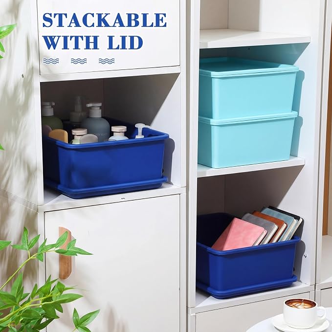 4 Pcs Storage Bins with Lids Plastic Stackable Containers for Classroom Room Organizing Shelves Christmas Ornament Box Baskets(Dark Blue, Light Blue,Large)