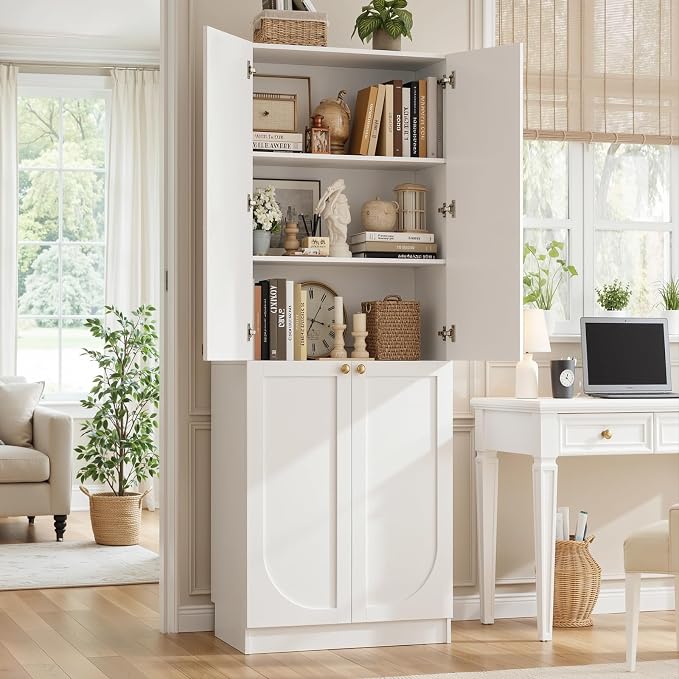 Cyclysio 80" Storage Cabinet, Tall Arched Bookcase with 4 Soft Close Doors, 6-Tier Wooden Pantry with Adjustable Shelves, Seamless Fit Wall for Home Office, Living Room, Kitchen (White)