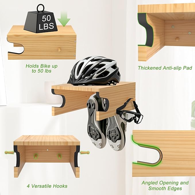 Wooden Bike Wall Mount w/Shelf & Hooks, Road Bike Storage Decor | Solid Wood Rack w/ Angled Slot & Non-Slip Padding Protects Frame. Top Shelf & 4 Hooks For Gear. Stylish For Apartments