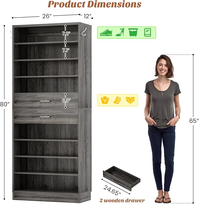 Aheaplus Tall Shoe Cabinet, 10 Tiers Wood Shoe Rack, Vertical Shoe Storage Organizer with 2 Drawers, Narrow Shoe Shelf Tower for 24-28 Pairs, Space Saving, for Closet, Entryway, Bedroom, Black Oak