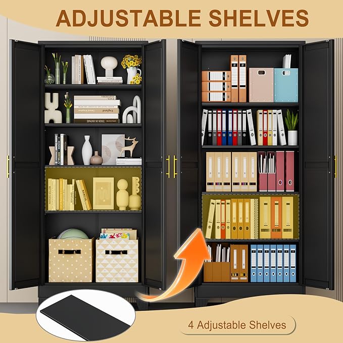 71" Black Metal Storage Cabinet with 2 Doors and 4 Adjustable Shelves,Steel Garage Tool Cabinet, File Cabinet,Kitchen Pantry Cabinet for Home,Office,Garage,School,Warehouse