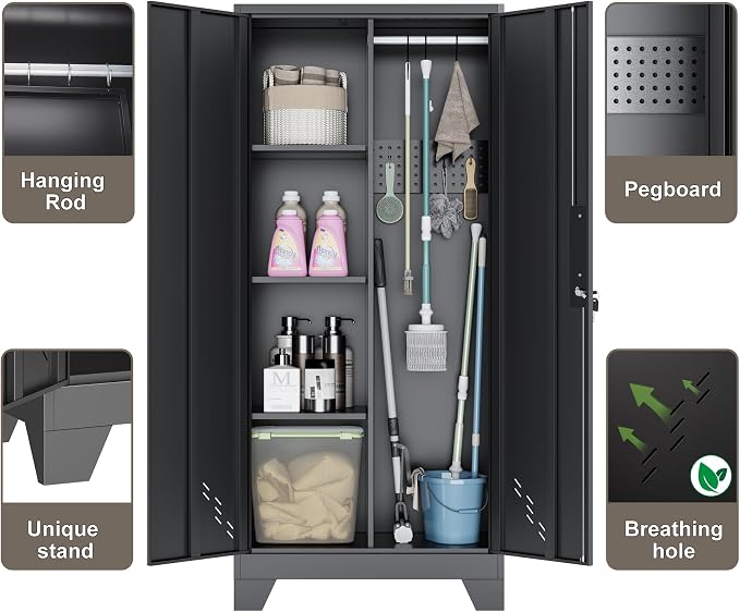 61" Metal Storage Cabinet with Lock for Garage, Utility Closet | Broom Closet with Lockable Doors, Pegboard & Shelves, Steel Tool Cabinet for Home Office, Laundry Room, Living Room, Black