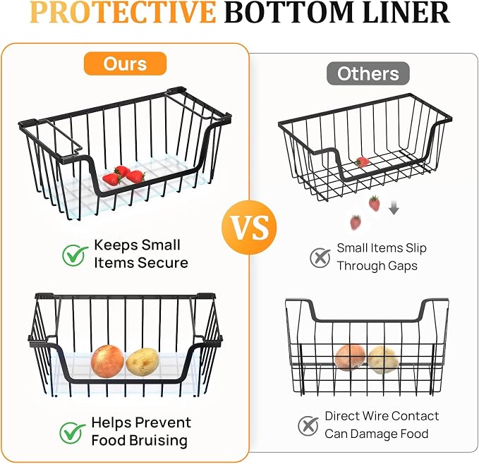 SUNALLY Stackable Storage Bins 6 Pcs Wire Baskets Freezer Organizer, Black | Pantry Organizers Storage, Vegetable Fruit Storage Basket for Countertop, Kitchen Baskets for Onion Potato Snack Cans Storage