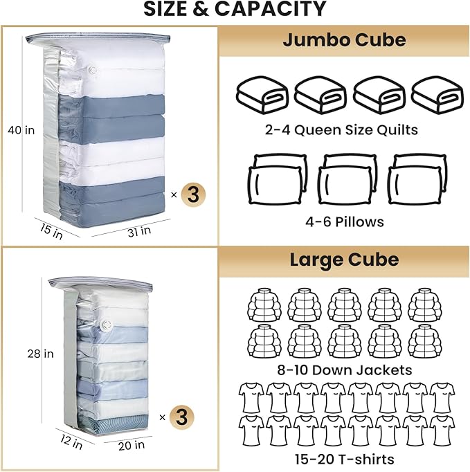 TAILI 6 Pack Cube Vacuum Storage Bags, Combo(3 Jumbo+3 Medium), Cream | Vacuum Seal Bags for Clothing, Blankets, Bedding, Comforters, No Pump Compression Cube, 2 Size Space Saving
