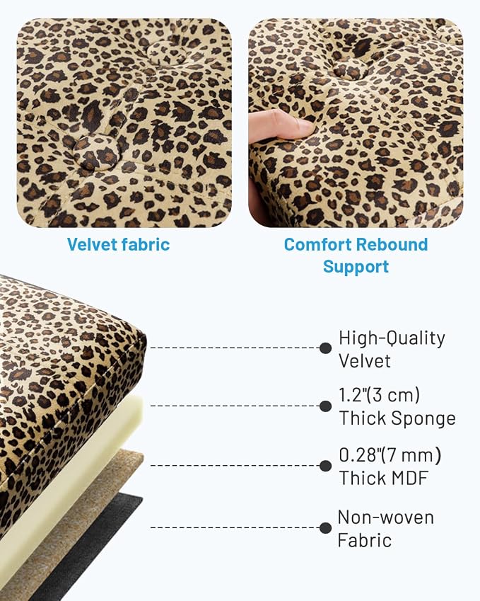 Bsketa Storage Ottoman, 17" Folding Velvet Foot Rest,Leopard Print 2 Pack | Small Ottoman with Side Pockets, Thicker Foam Padded Seat, Livingroom, Dorm, Bedroom, Easy to install, 43L,17x13x13in