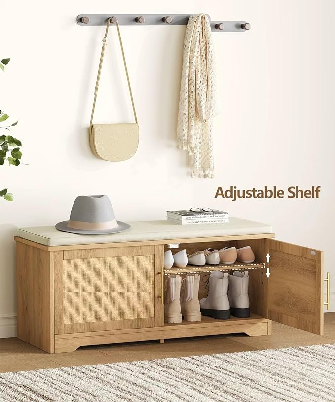Rattan Shoe Storage Bench, 39.4" Wide Entryway Bench, Natural Oak | Hidden Shoe Organizer Cabinet with Cushion, Shoe Rack Bench with Adjustable Shelves, for Hallway Living Room, Natural Oak