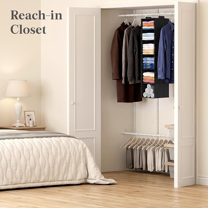 Lifewit 6 Tier Hanging Closet Storage Organizer for Shelves, Black, 1 Pack | Foldable Clothes Shelf with 2 Sturdy Hooks, Sweater/Coat/Shoes Clothing Organization for Wardrobe, Dorm, Bedroom