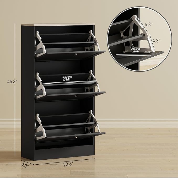 HOMCOM Narrow Shoe Storage Cabinet for Entryway with 3 Flip Drawers and Adjustable Shelves, Shoe Rack Organizer for 18 Pairs of Shoes, Black