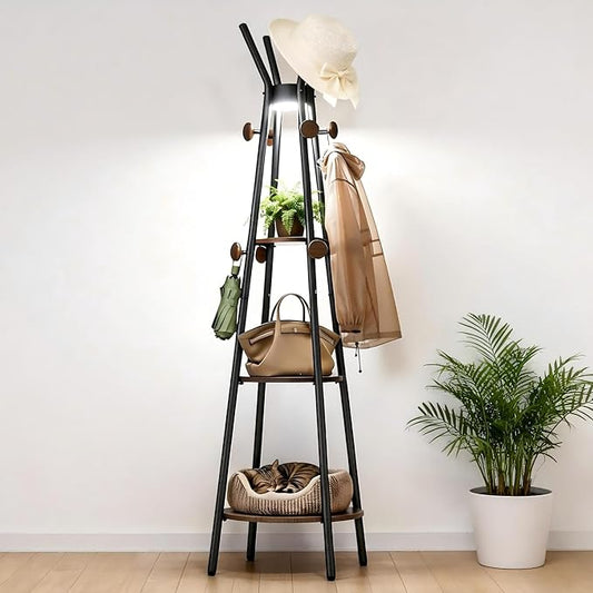 young master Freestanding Coat Rack with Light, 12 Hooks & 3 Wood Shelves, Black