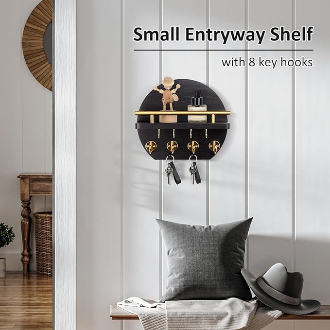 Nekon Key Holder for Wall - 9.8 Inch Apartment Wall Decor with Shelf and 8 Key Hooks, Circular Wood Key Hanger for Home Decor (Black with Golden Hooks)