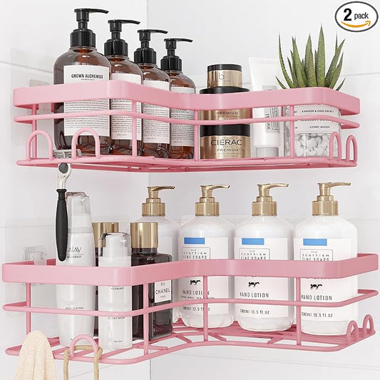 Sakugi Corner Shower Caddy - 2 Pack, Adhesive Shower Organizers, Rustproof Stainless Steel Shower Shelves with 8 Hooks, No Drilling Bathroom Organizers and Storage Racks, Space-Saving, Pink, X-Large