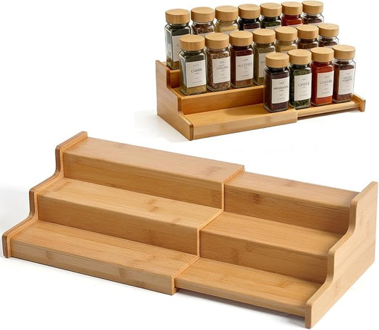 JinDoWin Spice Rack Organizer for Cabinets,Countertop & Pantries | Expandable design, 3-Tier stepped bamboo spice shelf, seasoning organizer, pantry organizers and storage