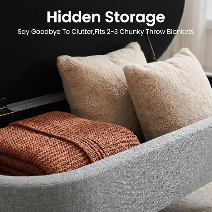 43.5” Storage Ottoman Bench，Upholstered Oval End of Bed Bench for Bedroom | Modern Linen Ottoman with Storage, Entryway Foot Rest with Wooden Legs, Lift-Top Lid with Safety Hinge, Living Room, Grey