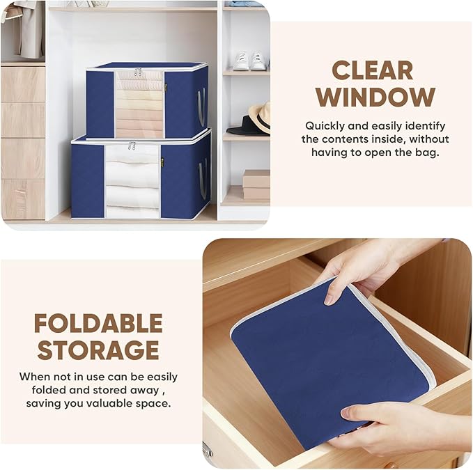 BALEINE 6 Pack Clothes Storage Bags, 24 Gallon Storage Containers with Reinforced Handle, Sturdy Zipper, Closet Organizer for Blanket, Comforter, Pillow, Bedding (Blue, 6 Pack)