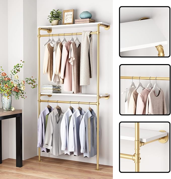 DR.IRON Gold Pipe Clothing Racks with 2 Tier Shelves, Wall Mounted Gold Clothes Rack with Double Hanging Rods Heavy Duty Garment Storage Rack Display Racks Rod for Clothes,Laundry Room