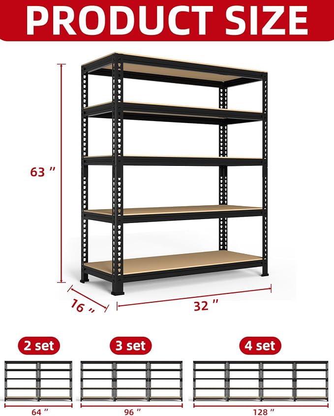 PrimeZone 5-Tier Garage Storage Shelves, Adjustable Metal Shelving, Black | 32"W x 16"D x 63" H, Heavy-Duty Metal Frame & Connectors, FSC MDF Boards, Deep Storage for Garage, Pantry, Warehouse, 4 PCS
