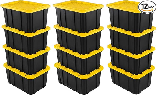 Sterilite Industrial Storage Tote with Lids for Garage, 27 Gallon, 12-Pack | Heavy-Duty and Stackable Utility Box Containers for Home, Office, and Basement Organization, Black/Yellow