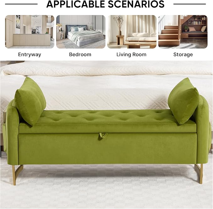 48" End of Bed Bench, Modern Storage Benches with Button-Tufted, Velvet Upholstered Storage Ottoman Bench for Foot of Bed with Arms, Gold Legs Window and Entryway, Olive Green