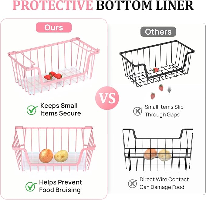 SUNALLY Stackable Storage Bins 4 Pcs Wire Baskets Freezer Organizer, Pink | Pantry Organizers Storage, Vegetable Fruit Storage Basket for Countertop, Kitchen Baskets for Onion Potato Snack Cans Storage