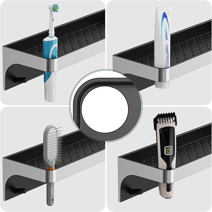 Shower Caddy Adhesive with 5 Hooks & Drainage, No-Drill, Silver | Plastic Wall Bathroom Shelf Rack Organizer, Inside Shower Storage Holder for Bath Accessories, Rustproof Bathroom Shelves