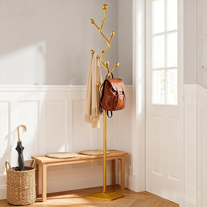 Gold Coat Rack Freestanding Metal Tree Coat Stand with Hooks,Modern Decorative Standing Hat Rack for Entryway Bedroom Living Room