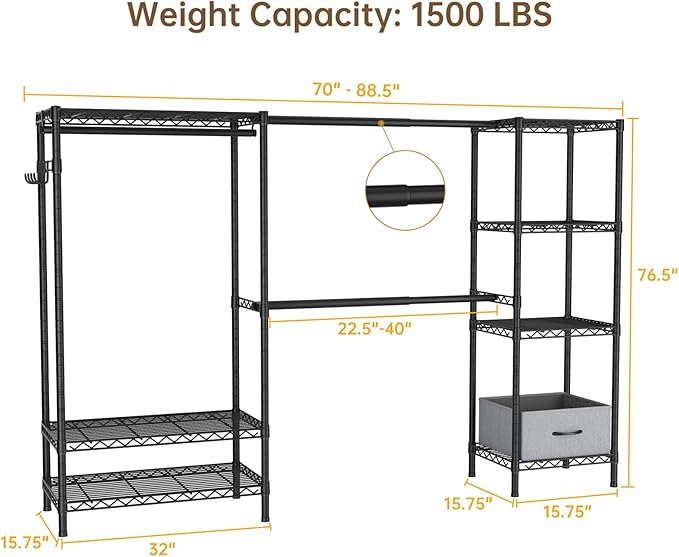 Golpart Heavy Duty Clothing Rack with Adjustable Shelves Clothes Wardrobe | Coat Rack Metal Closet Organizer and Storage Garment Rack for Hanging Clothes Wire Portable Cloth System Free Standing Black