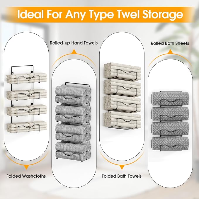 Towel Racks for Bathroom,Towel Rack Wall Mounted, 6 Tier Rolled Or Folded Towel Holder with Floating Shelves, Bathroom Towel Holder for Bath, Hand Towels,Metal and Wood,Full Black