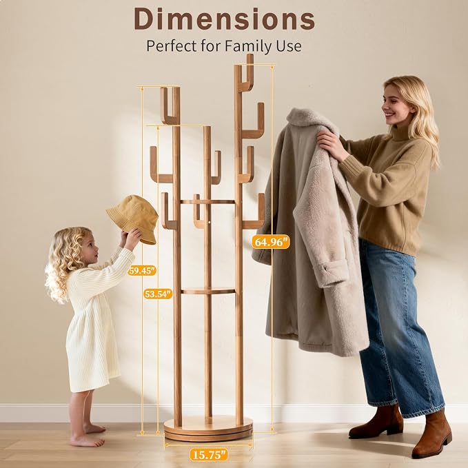 Yoobure Rotary Coat Rack Freestanding - Solid Wood Coat Tree with 9 hooks & 3 Storage Shelves for Purse, Bag, Jacket, Hat, Corner Hanger Stand Racks for Hall, Entryway, Office, Modern Clothes Holder