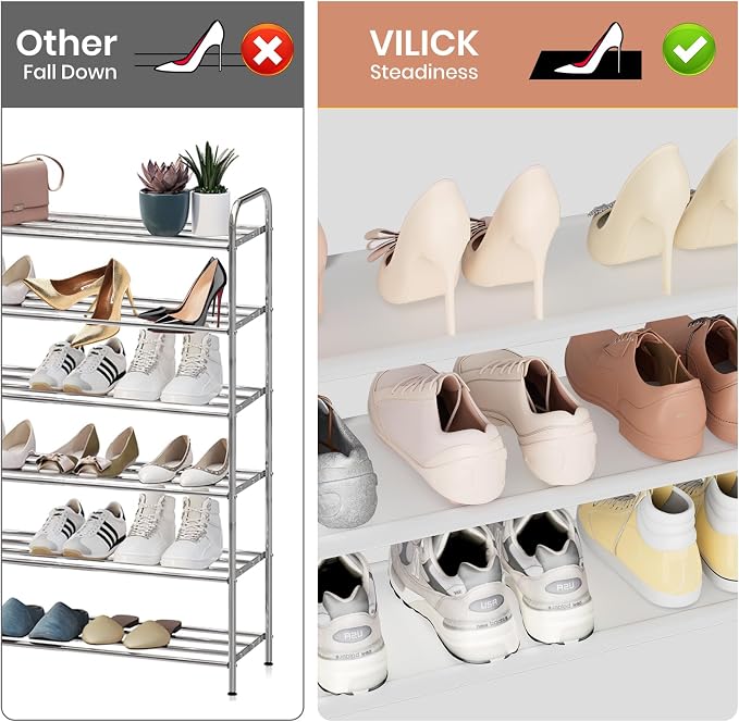 VILICK Shoe Rack for Closet Shoe Organizer Space Saver Storage for 12-15 Pair Shoe Shelf with Hook Free Standing 3 Tier Shoe Rack Organizer for Entryway, Small Spaces, White