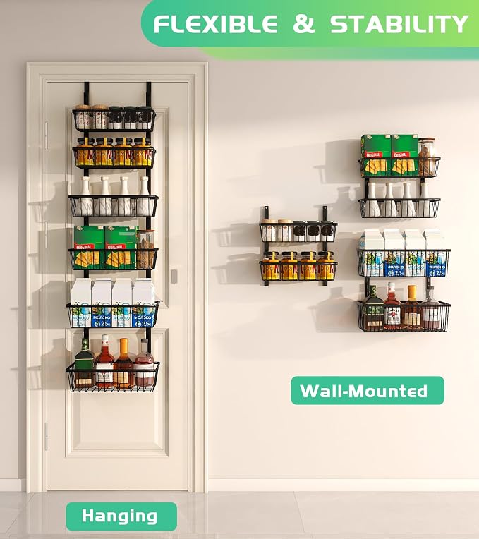 Mefirt 12 Inch Wide Narrow Over The Door Pantry Organizer 6-Tier Black | Pantry Hanging Organizers and Storage, Adjustable Heavy-Duty Metal for Home & Kitchen, Back of Door Seasoning Rack
