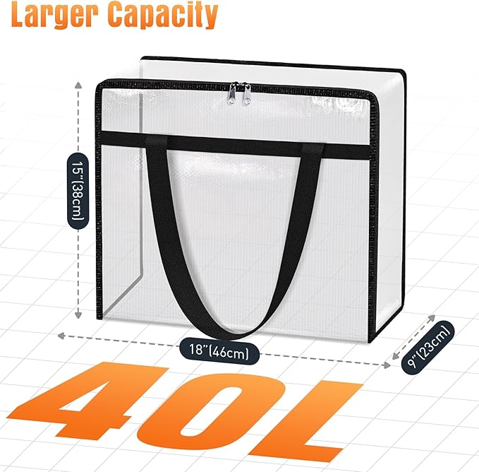4 Packs 40L Clear Under Bed Storage Containers, Large Clothes Storage Bags | Heavy Duty Large Capacity Foldable Moving Bags with Sturdy Handles, Clothing Organizer Totes for Bedding Comforter Sheet