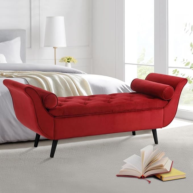 Velvet Storage Bench for Bedroom End of Bed, 65" Upholstered Rolled Armed Button Tufted Stool Bench, Storage Ottoman Long Bench with with 2 Pillows for Entryway (Wine Red)