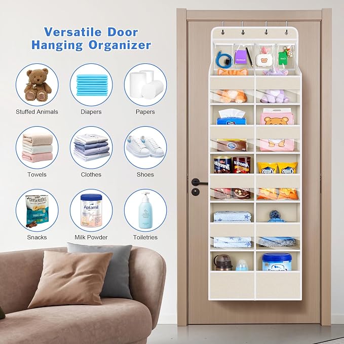Univivi Upgraded Over Door Organizer for Baby Stuff, Beige Pattern, 6-Shelf | Fabric Behind Door Storage with Clear Window Deep Pockets, Over Door Hanging Organizer for Baby Essential, Bedroom, and Dorm