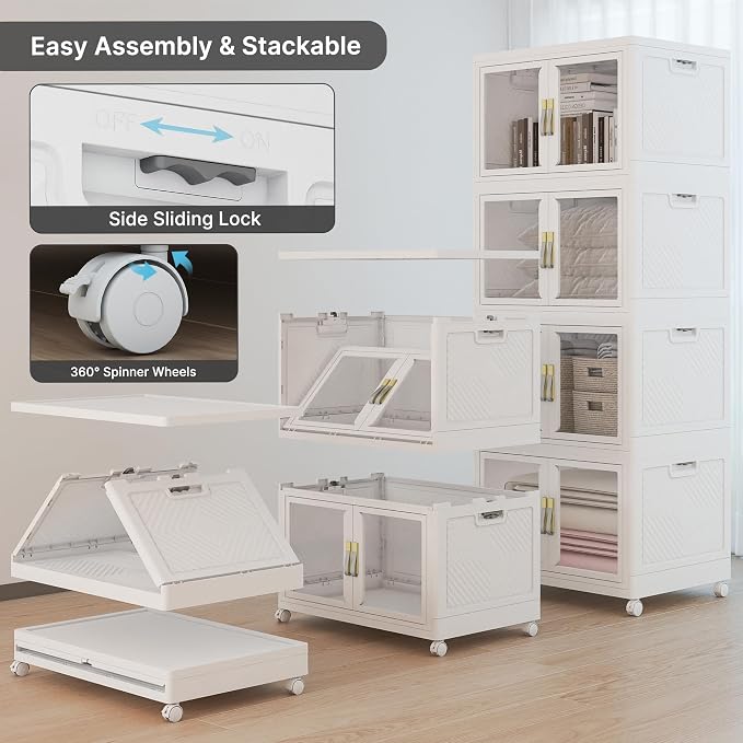 Stackable Storage Bins with Lids, 720QT Extra Large Storage Cabinet | Clear Doors, Foldable Storage Drawers, Heavy Duty, Collapsible Closet Organizers for Bedroom Office (4, White, 180, Quarts)