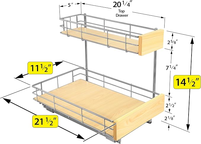 LYNK PROFESSIONAL® SELECT™ Pull Out Under Sink Kitchen Cabinet Organizer - 11.5 in. x 21 inch deep Drawer - Sliding Shelf Organizer and Undersink Storage Shelves - Lifetime Ltd. Warranty – Chrome