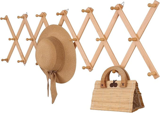 SCUNDA Wall Rack with 20 Hooks, Wooden Wall Expandable Coat Rack for Coat, Hats, Baseball Caps, Coffee Mug, Jewelry(Natural)