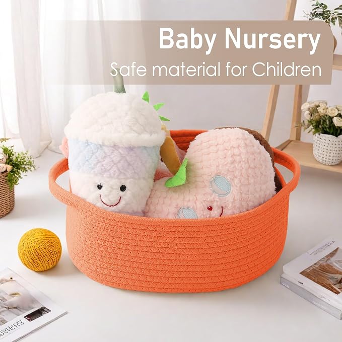 JMvicyroam Small Woven Basket, Empty Gift Basket, Orange/2 Pack | Small Gift Basket, Cotton Rope, 12 x 8 x 16 in, Handles, Includes Ribbon and Bag, Birthday Gift Basket