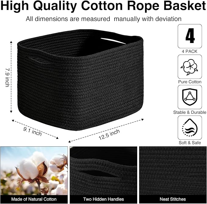 ICERZCZ Black Storage Baskets for Shelves, Small Storage Baskets for Organizing, Woven Cotton Rope Baskets for Storage, Book Basket, Decorative Shelf Basket, 12.5"Lx9.1''Wx7.9''H (4 Packs) Black