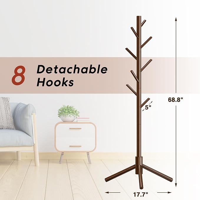 8-Hook Freestanding Coat Rack 3 Adjustable Heights Sturdy Brown | Easy Tool-Free Setup,Ideal for Entryway Bedroom Hallway Office,Holds Clothes Hats Handbags,Space-Saving Vertical Design