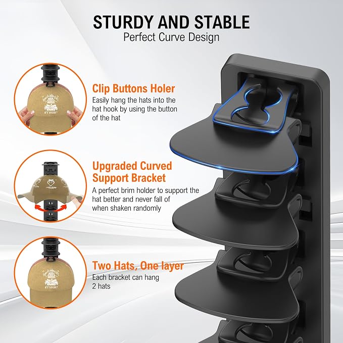 Hat Organizer for Baseball Caps 1 Pack, Adhesive Hat Rack for Wall Hold Up to 20 hats (White-1 Pack+2 Fixed Glue)