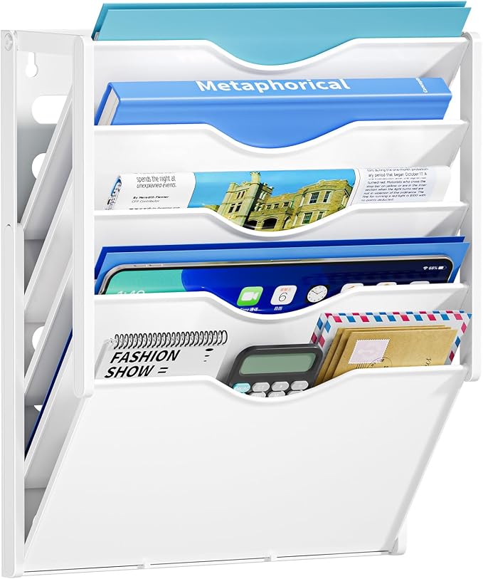 Marbrasse 5 Tier Wall File Organizer, Plastic Hanging File Holder for Mail, Magazines Paper Organizer Wall Mounted for Office Home (White)